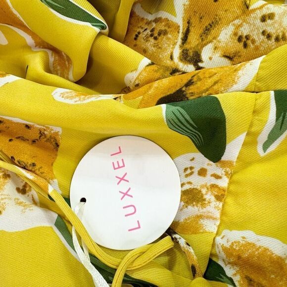 Luxxel Maxi Dress Women Small Yellow Floral Ruffle New Slit Open Back beachy - Picture 4 of 13